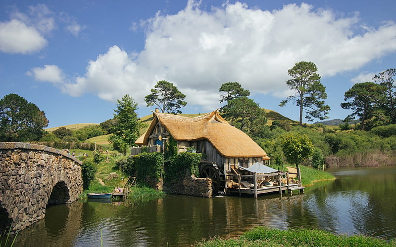 Hobbiton Watermill, New Zealand, New Zealand, nature, watermill, landscape, HD wallpaper