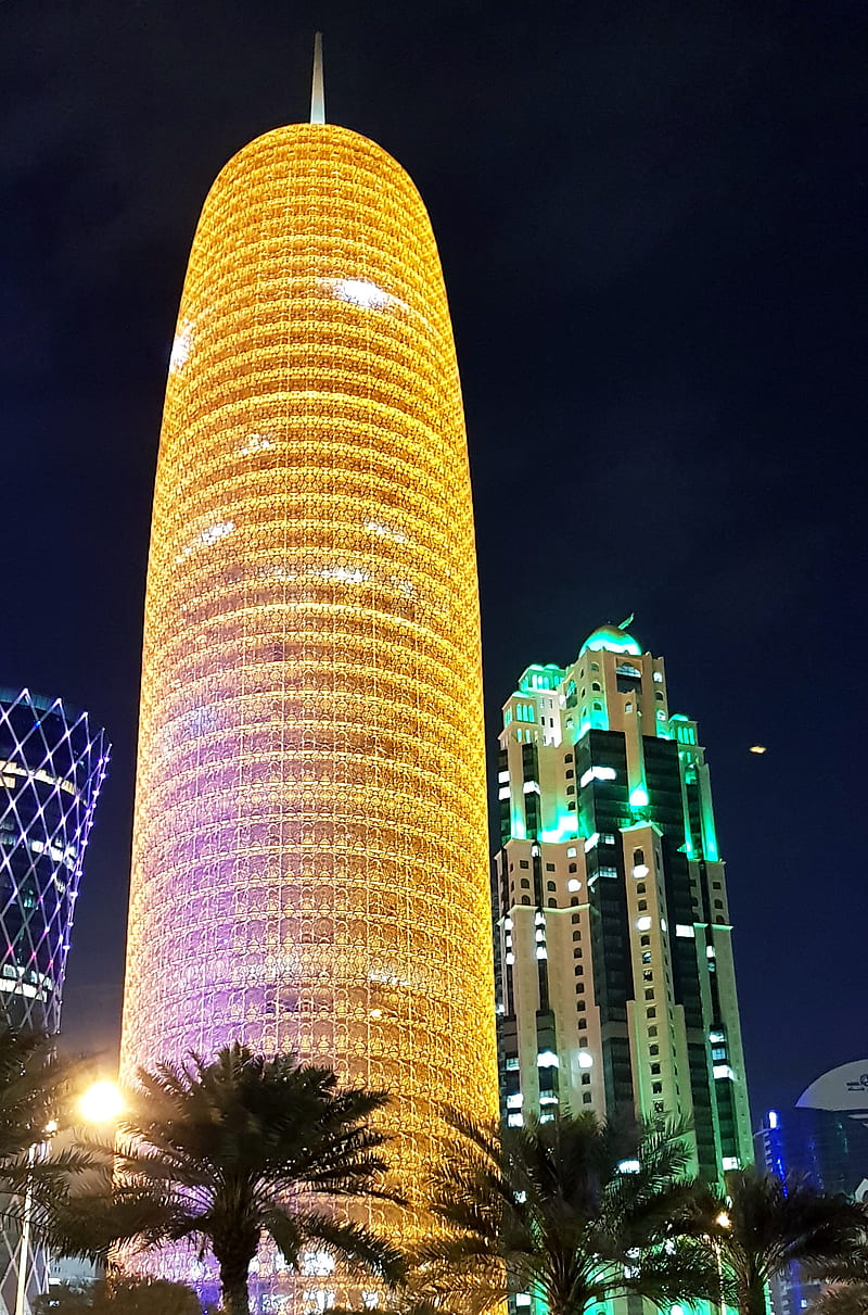 Doha city, doha tower, light, HD phone wallpaper