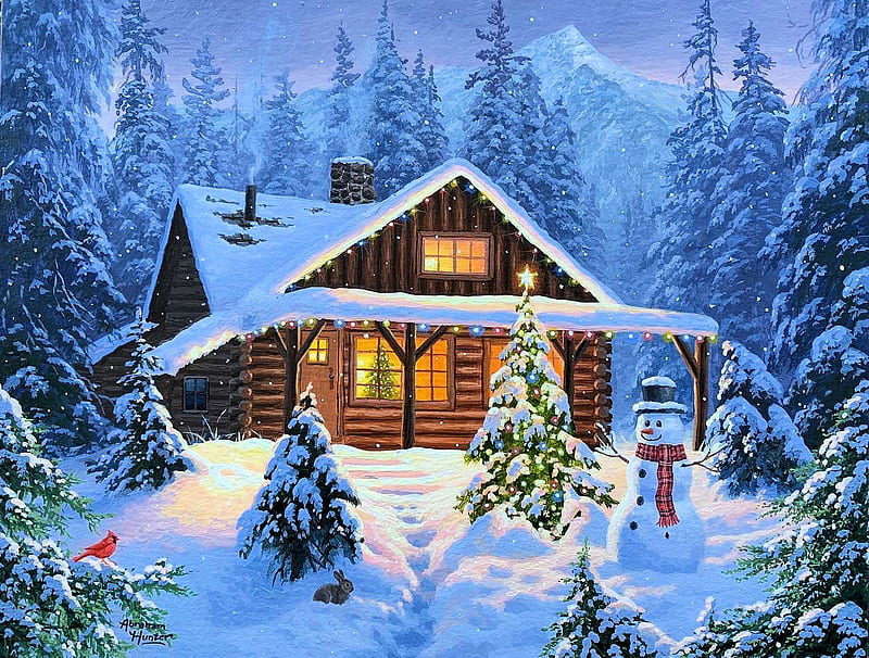 Holiday Retreat, cabin, snowman, trees, winter, forest, christmas, artwork, snow, bird, painting, light, HD wallpaper