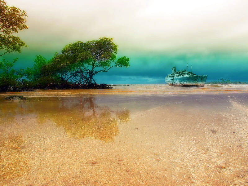 Close To Shore, beach, sand, water, ship, pebbles, trees, clouds, sky, HD wallpaper