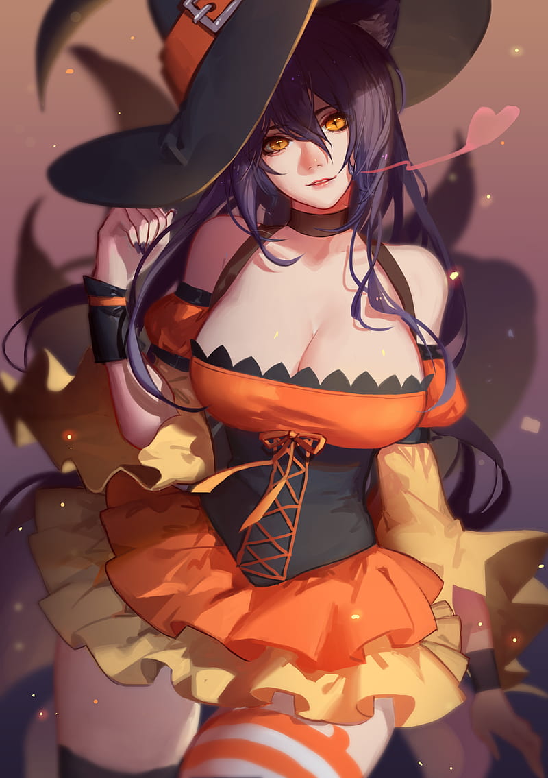 Halloween, witch hat, hat, simple background, boobs, Ahri, cleavage, dress,  League of Legends, HD phone wallpaper | Peakpx