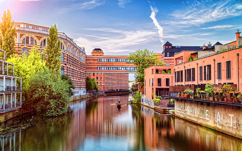 Leipzig water channel, cityscapes, summer, german cities, Europe, Germany, Cities of Germany, Leipzig Germany, R, HD wallpaper