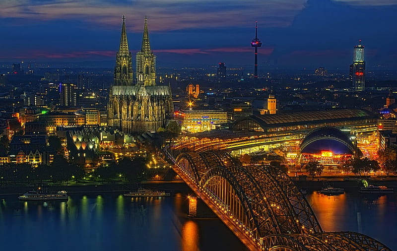Cologne Cathedral, cathedral, germany, bridge, nightscene, cityscape, religion, cologne, lights, HD wallpaper