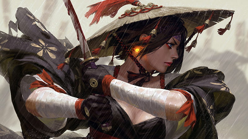Samurai Girl, Katana, Samurai, Blood, Fantasy Art, Girl, High Resolution, Warrior, Fantasy Girl, HD wallpaper
