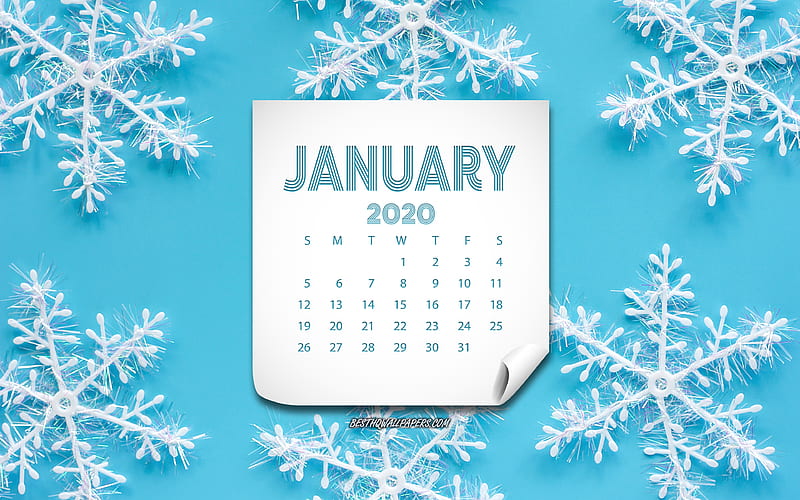January 2020 Calendar, white snowflakes on a blue background, 2020 calendars, 2020 concepts, 2020 New Year, 2020 January Calendar, HD wallpaper