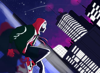 Spider-man: into the spider-verse, miles morales, spider woman, cityscape,  animation, HD wallpaper | Peakpx