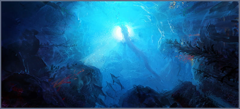 Sea dragon, fantasy, fish, luminos, paperblue net, blue, underwater, art, vara, summer, HD wallpaper