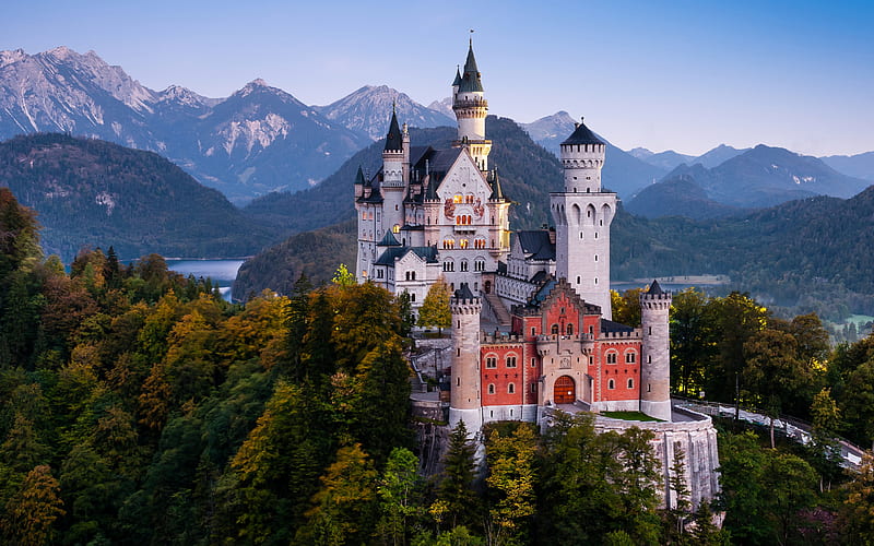 Neuschwanstein Castle, medieval castle, fairytale castle, Ludwig II castle, Bavaria, Germany, evening, mountain landscape, HD wallpaper