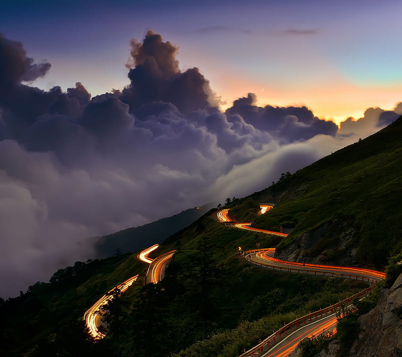 serpentine road, clouds, landscape, mountain, HD wallpaper