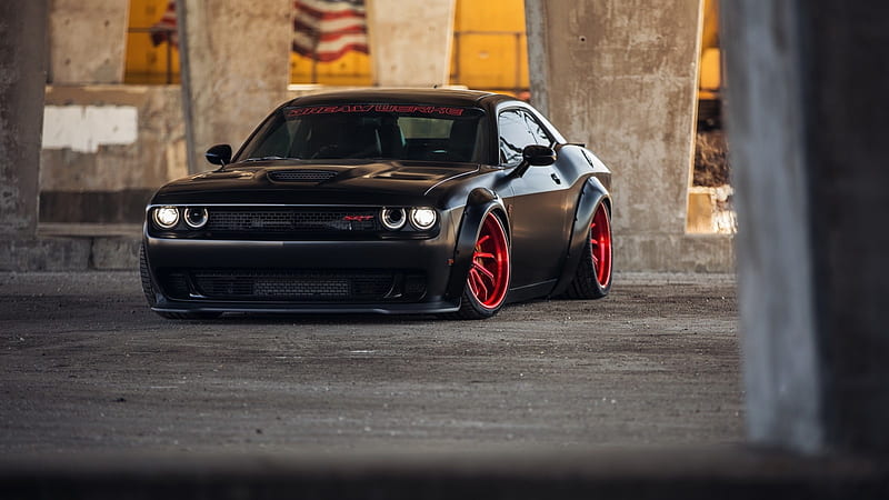 Dodge-Challenger-Srt, Black, Lowered, Red Wheels, Mopar, HD wallpaper