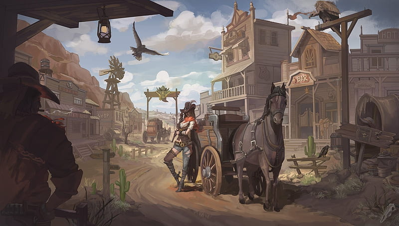 Fantasy Cowboy and Cowgirl Western , Fence, Cowboy, Horse, Cactus, Gun, Bar, Shops, Cigar, Bird, Lamp, Road, Wagon, Cowgirl, Sign, Crow, Old West, Town, Western, Tip of Hat, Covered Wagon, HD wallpaper