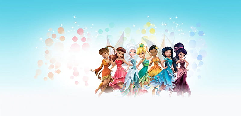 Disney fairies, fawn, tinker bell, silvermist, rosetta, periwinkle, vidia, pink, fairy, disney, iridessa, blue, HD wallpaper