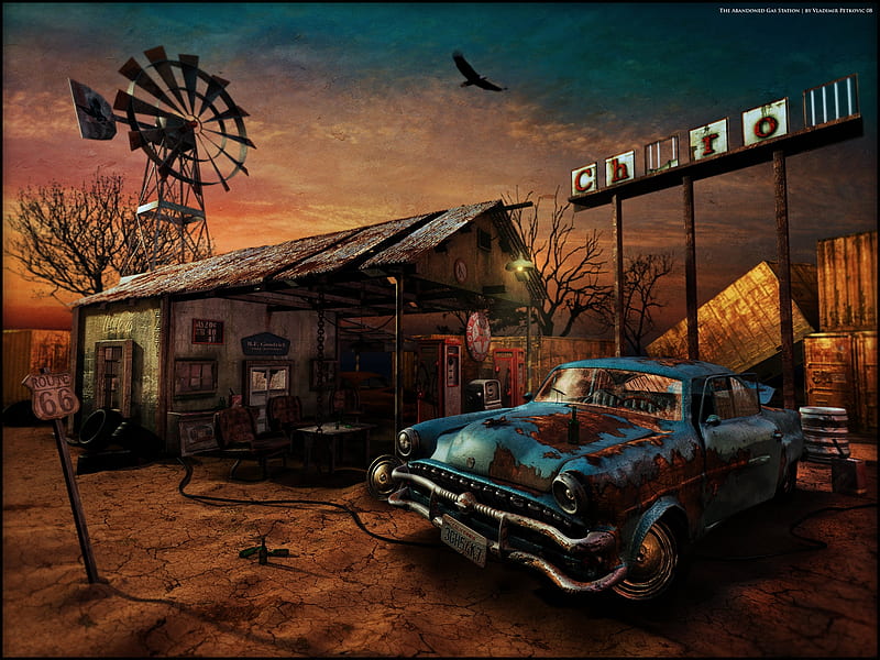 Abandoned Gas Station, art, car, evening, shed, sky, HD wallpaper