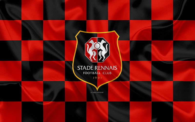 Stade Rennais FC logo, creative art, red black checkered flag, French football club, Ligue 1, emblem, silk texture, Rennes, France, football, HD wallpaper