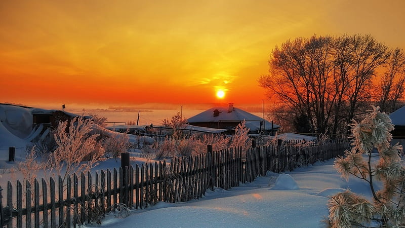 beautiful sunset over a cabin in winter r, fence, snow, orange, r, sunset, cabin, winter, HD wallpaper