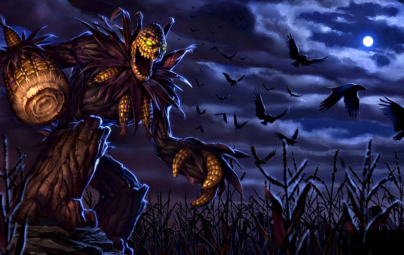 Cornstalker, raven, Heroes of Newerth, halloween, game, fantasy, bird, dark, blue, HD wallpaper