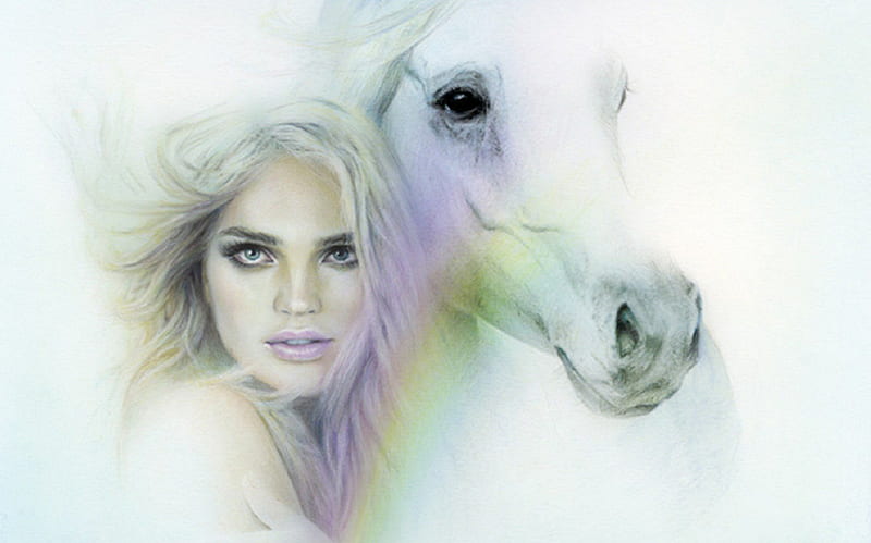 In the absence of my Lover, art, female, lovely, bonito, pastels, rainbow, horse, woman, fantasy, girl, digital, beauty, white, HD wallpaper