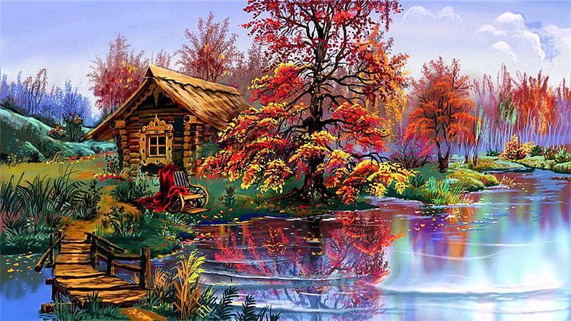 River cabin, painting, water, hut, trees, HD wallpaper | Peakpx