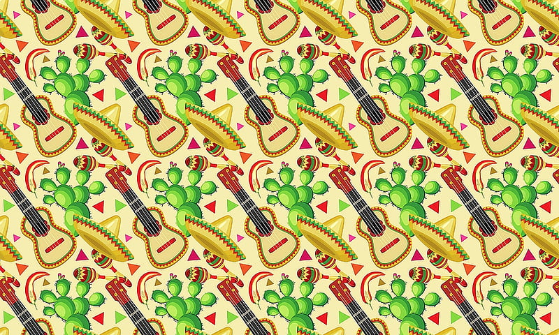 sombrero, guitar, cactus, pattern, mexican, HD wallpaper