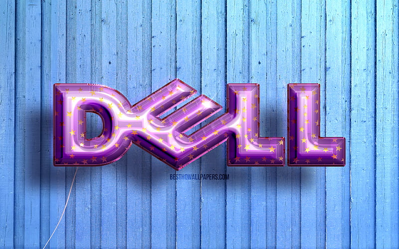 Dell logo, violet realistic balloons, Dell 3D logo, blue wooden backgrounds, Dell, HD wallpaper