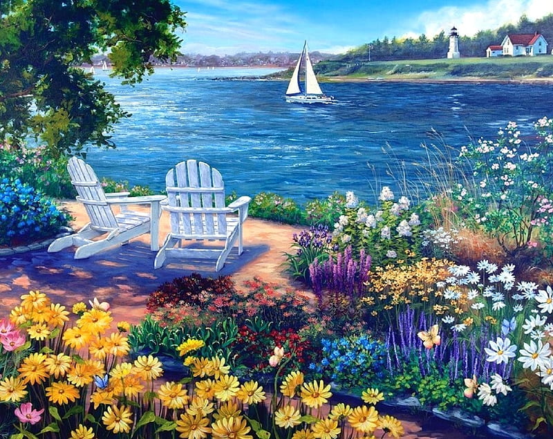 Garden by the Bay, love four seasons, butterflies, attractions in dreams, spring, paintings, flowers, garden, summer, chairs, nature, sailboat, bay, HD wallpaper