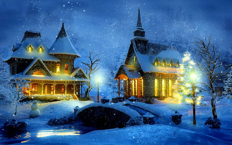 Winter town, stars, christmas, houses, town, bonito, lake, lights ...