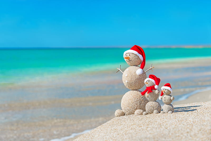 Merry Christmas!, red, craciun, christmas, snowman, sea, hat, cute, beach, santa, summer, funny, blue, HD wallpaper