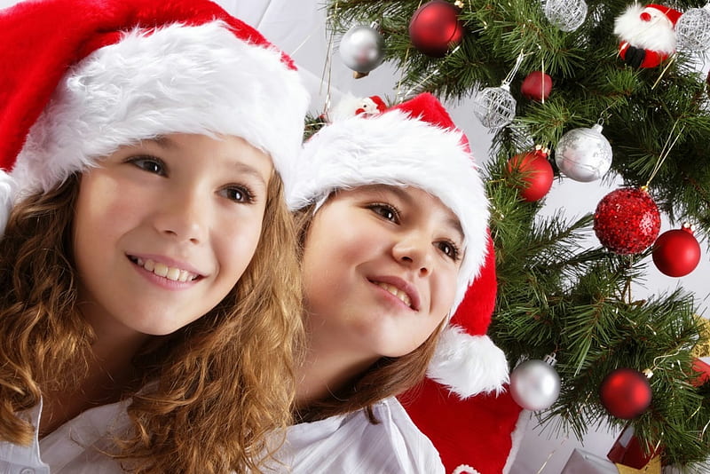 Enjoying Christmas!, red, together, enjoying, smiles, girls, white, christmas time, HD wallpaper