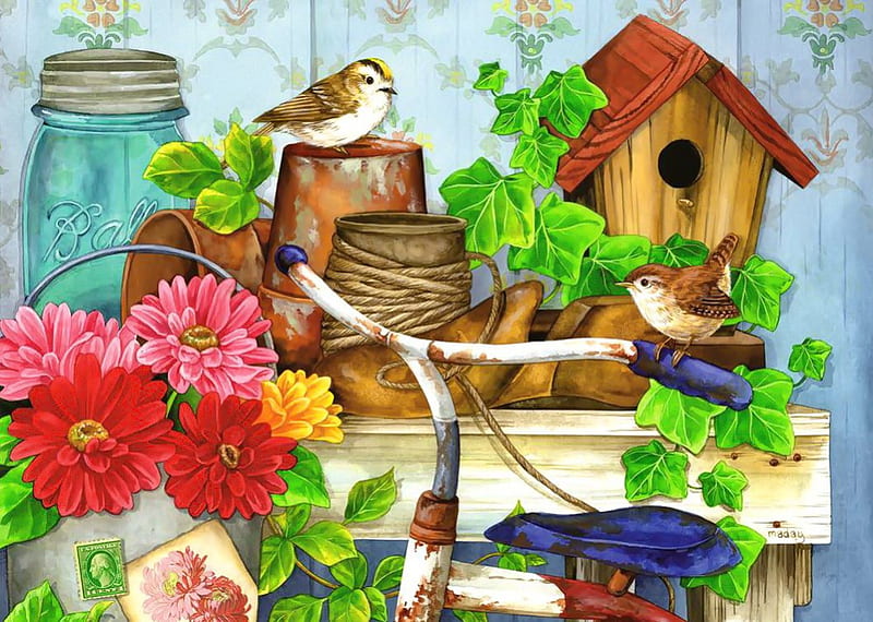 The old garden shed, pretty, lovely, birds, bonito, spring, shed, old, freshness, leaves, birdhouse, flowers, garden, HD wallpaper