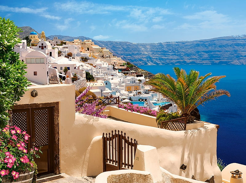 Santorini, Greece, mediterranean, houses, island, sky, sea, HD wallpaper
