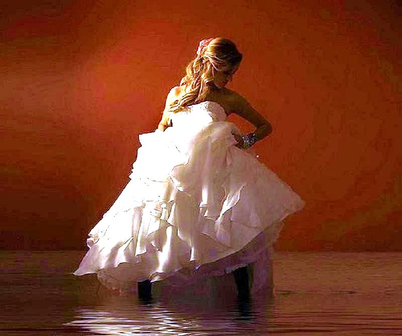 White dress, balancing over water, blond, braid, full white dress, posts, woman, flower in hair, HD wallpaper