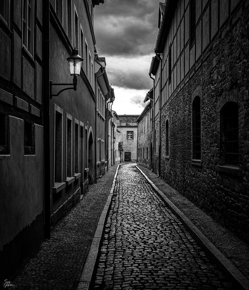 road, paving stones, houses, buildings, street, black and white, HD phone wallpaper