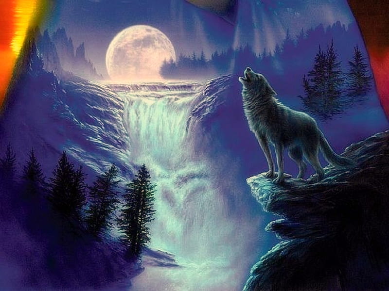 Moonlight Howl, moons, love four seasons, attractions in dreams, howl, waterfalls, fantasy, nature, wolf, animals, blue, night, HD wallpaper