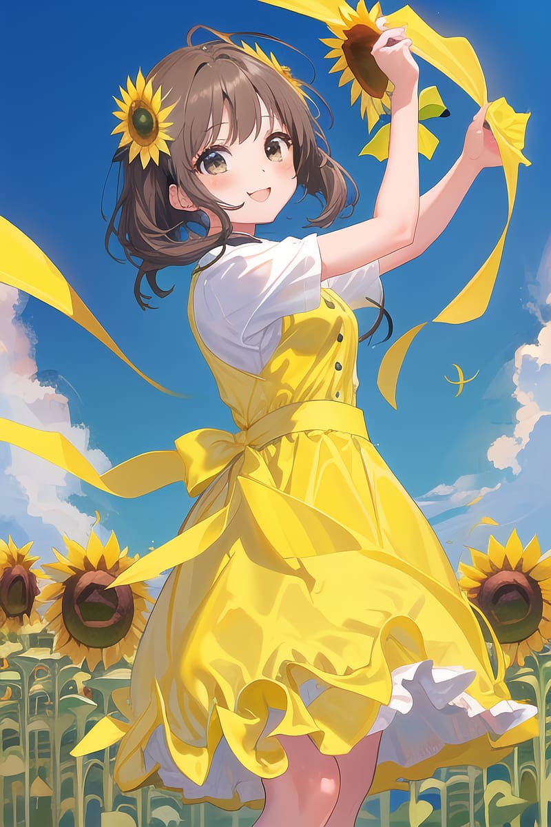 anime girl wearing straw hat holding a sunflower, | Stable Diffusion