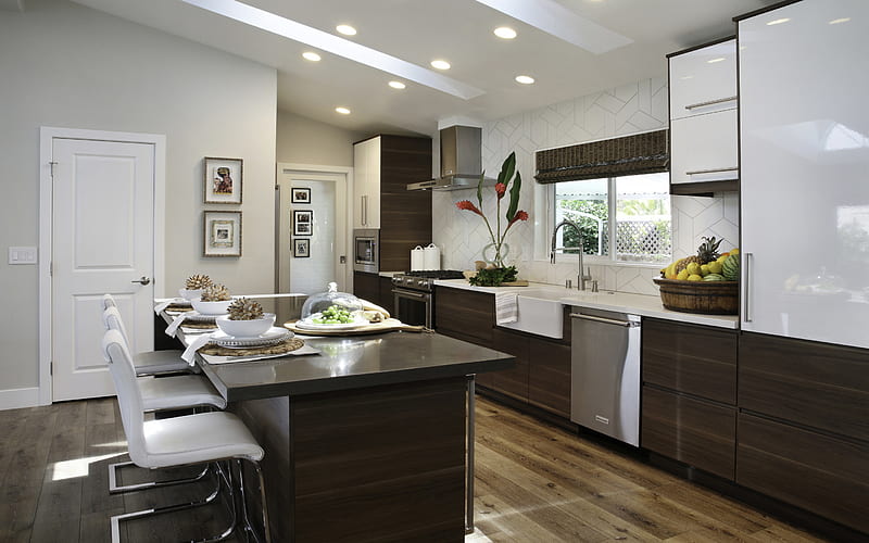 stylish kitchen design, modern kitchen interior design, dark wood kitchen furniture, modern kitchen furniture, kitchen project, HD wallpaper
