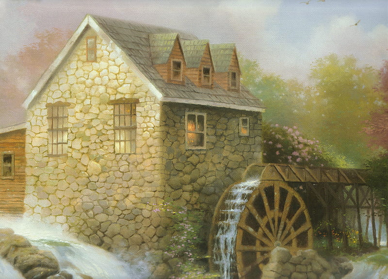T.K. - The Blessings of Summer, oil painting, stone buliding, thomas kincade, mill house, trees, lights, windows, water, flowers, river, water wheel, HD wallpaper