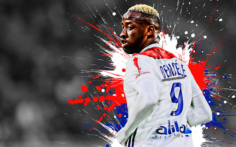 Moussa Dembele French football player, Olympique Lyonnais, striker, red and blue paint splashes, creative art, Ligue 1, France, football, grunge, HD wallpaper