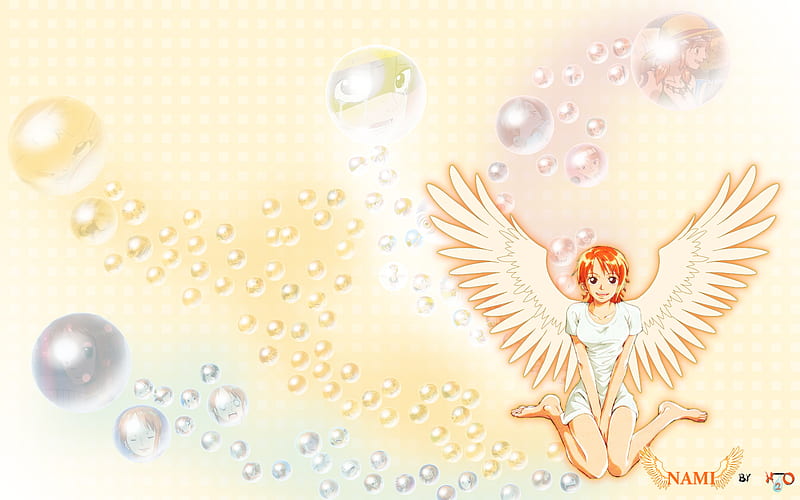 Nami Bubble, yellow, wing, one piece, gold, anime, hot, anime girl, bubble, female, wings, angel, nami, sexy, abstract, short hair, cute, water, girl, orange hair, HD wallpaper