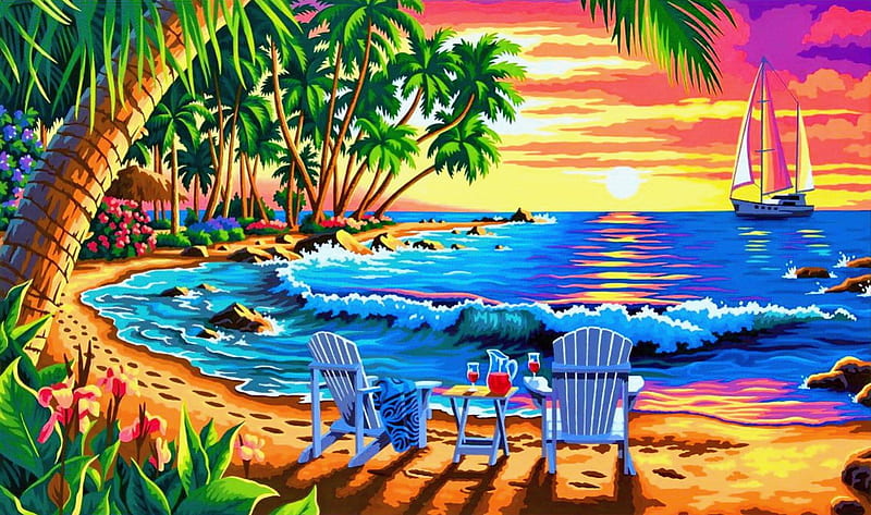 Exotic beach, pretty, glow, shore, fiery, sunny, umbrella, bonito, sea, beach, painting, sunrise, reflection, tropics, art, rest, cocktail, exotic, juice, romantic, ocean, relax, waves, sky, palms, paradise, sailboat, sands, HD wallpaper