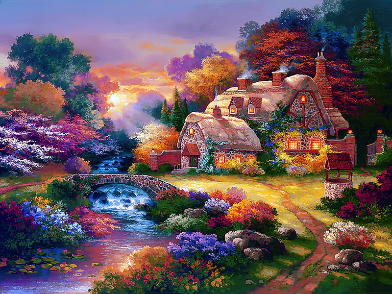 Garden wishing well, pretty, house, cottage, well, bonito, countryside, bridge, painting, village, flowers, river, art, romantic, view, creek, paradise, garden, HD wallpaper