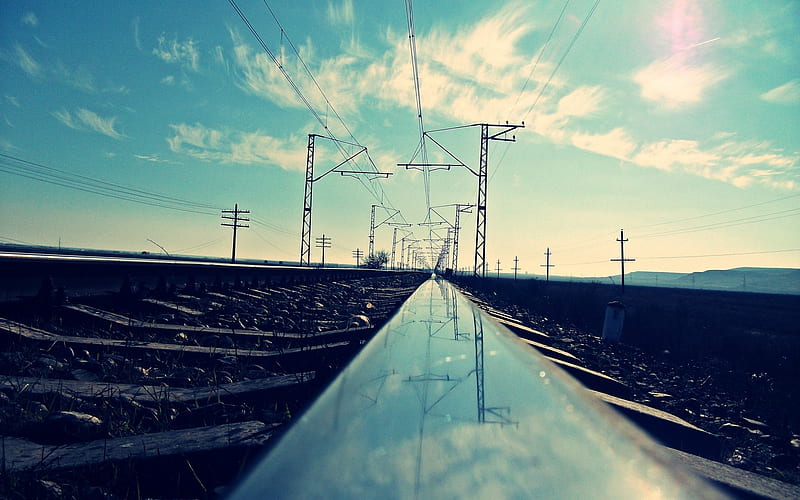 Railroad Tracks, railroad, afternoon, blue sky, clouds, tracks, HD wallpaper