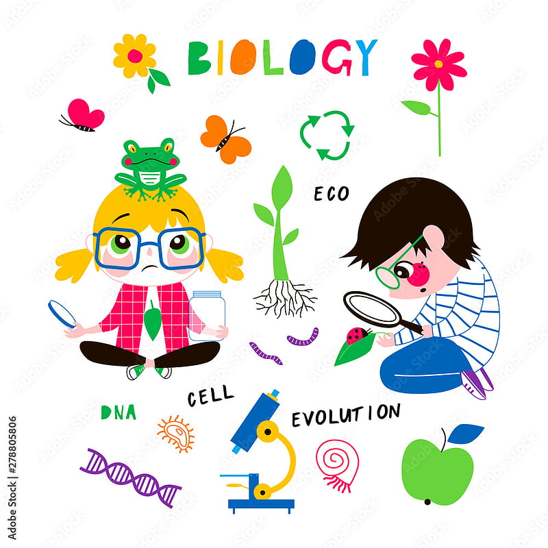 Children at biology lesson flat vector illustrations set. Cute schoolkids exploring nature, researching cartoon characters. DNA spiral, growing plant isolated design elements collection Stock Vector, HD phone wallpaper