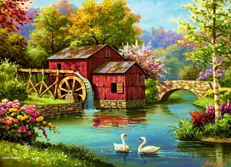 SWANS ART, pond, house, graphy, cottage, painting, beautiful nature, nature, swans, HD wallpaper