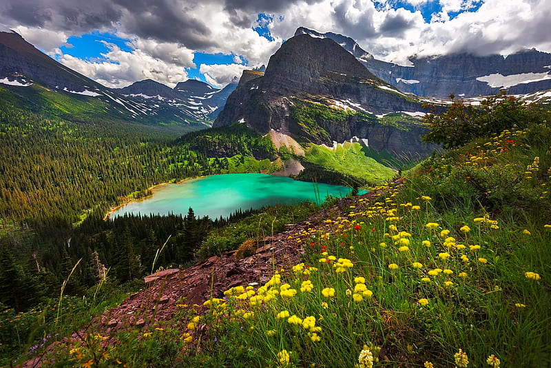 Paraíso de montaña, ver, césped, Bonito, cielo, lago, montaña, paraíso,  flores silvestres, Fondo de pantalla HD | Peakpx