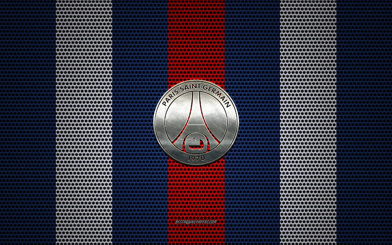 PSG logo, Paris Saint-Germain, French football club, metal emblem, blue red white metal mesh background, PSG, Ligue 1, Paris, France, football, HD wallpaper