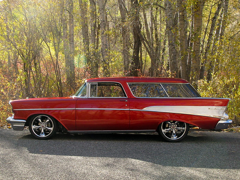 57' Chevy Nomad, red, nomad, rod, chevy, 1957, custom, hotrod, chevrolet, hot, white, 57, HD wallpaper