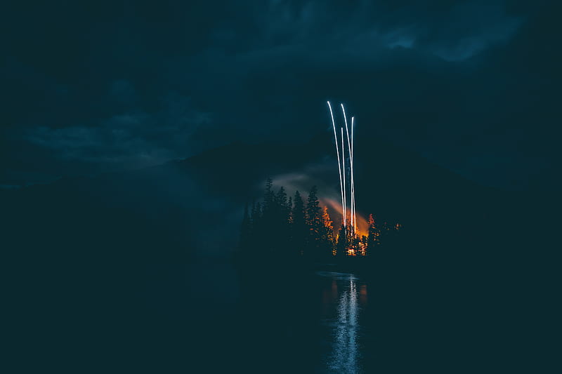 fireworks, night, dark, shore, lake, HD wallpaper
