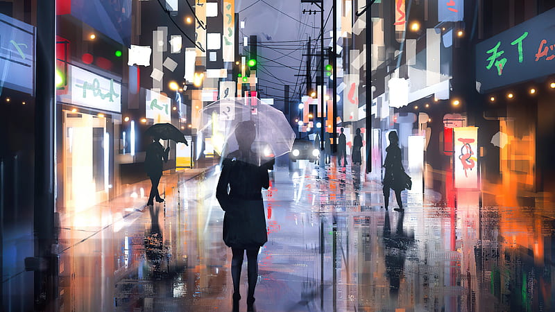 Street Raining Umbrella Girl , umbrella, alone, rain, artist, artwork, digital-art, HD wallpaper