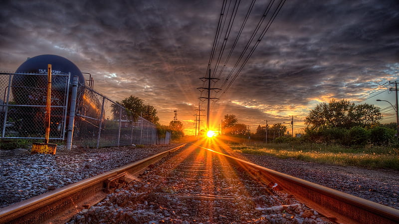 awesome sunset over train tracks r, beams, pen, train, tanker, r, sunset, lines, tracks, HD wallpaper
