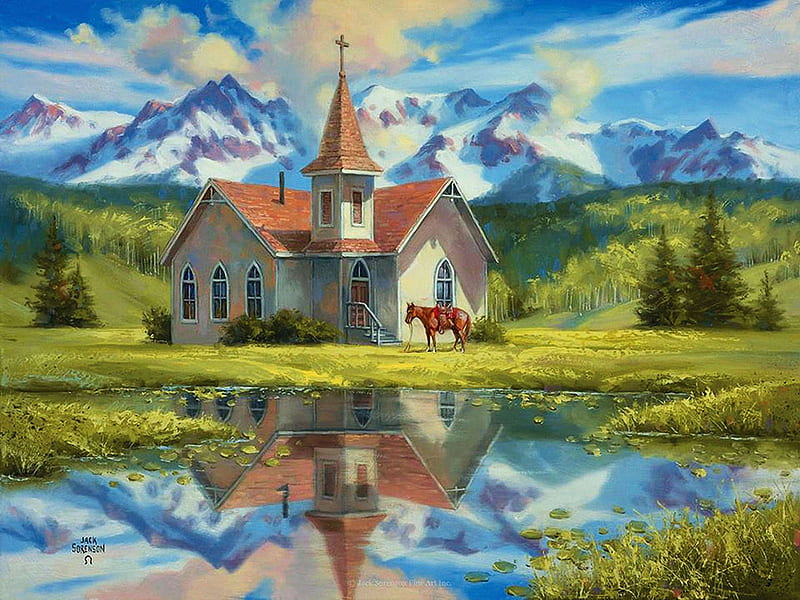 Almost Heaven, mountains, pond, painting, church, reflections, clouds, sky, HD wallpaper